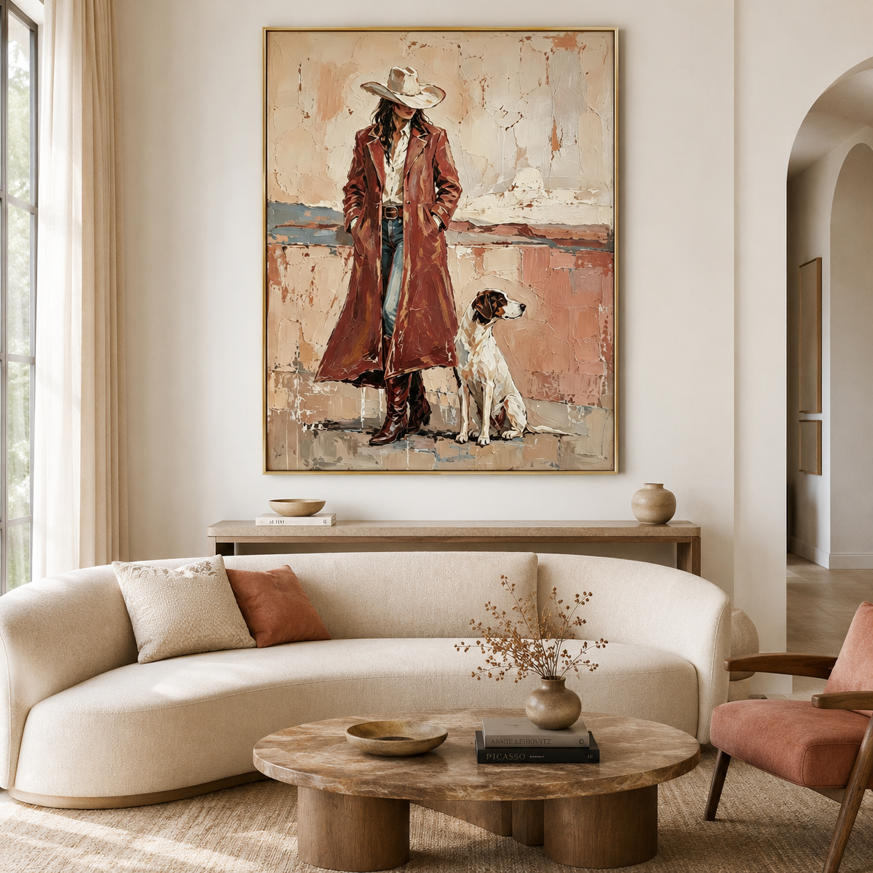 Western woman and dog wall art with cowboy hat and boots