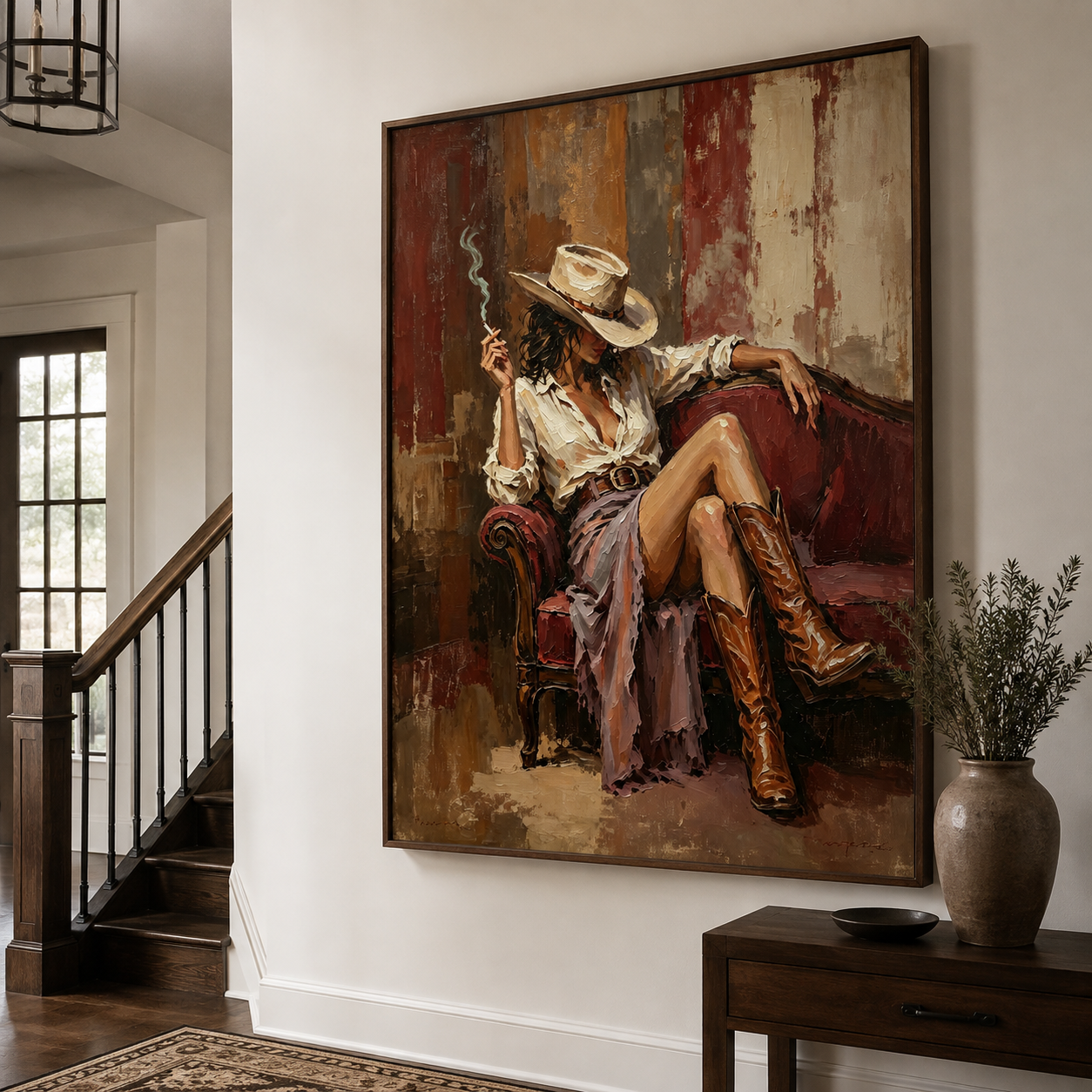 Western cowgirl painting for ranch and Southwestern home decor