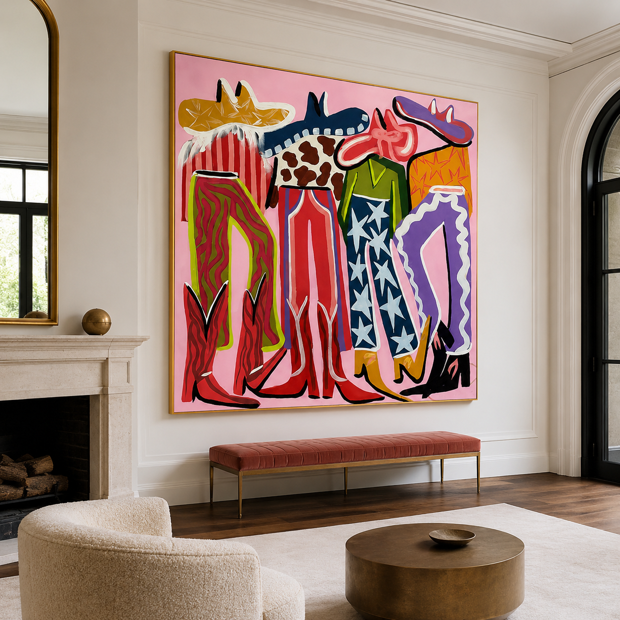 Western pop art featuring cowboy boots and hats