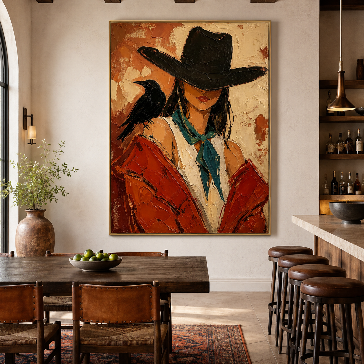Textured Western portrait painting with black hat and raven
