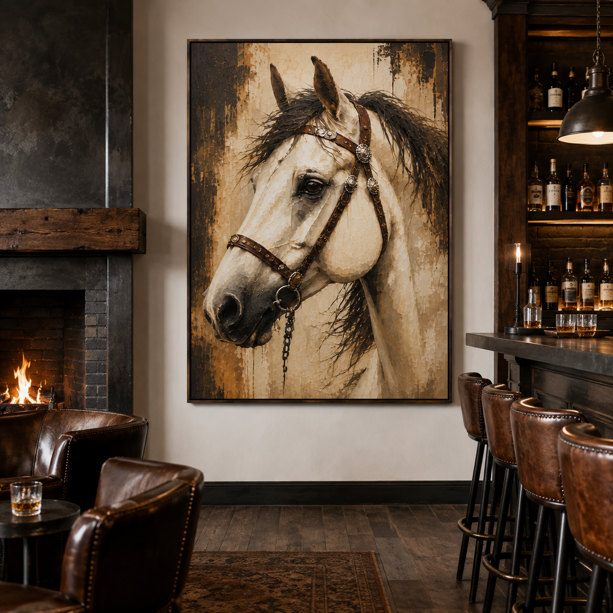 Western horse wall art featuring a white horse with dark mane