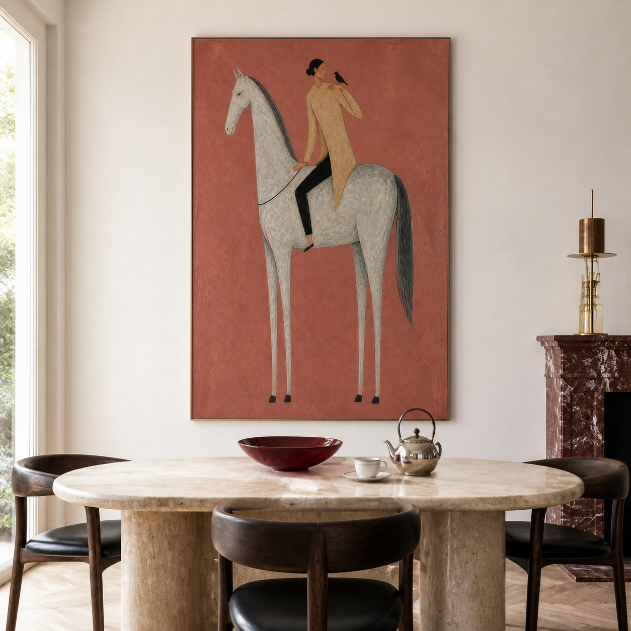Large white horse wall art with elegant female rider
