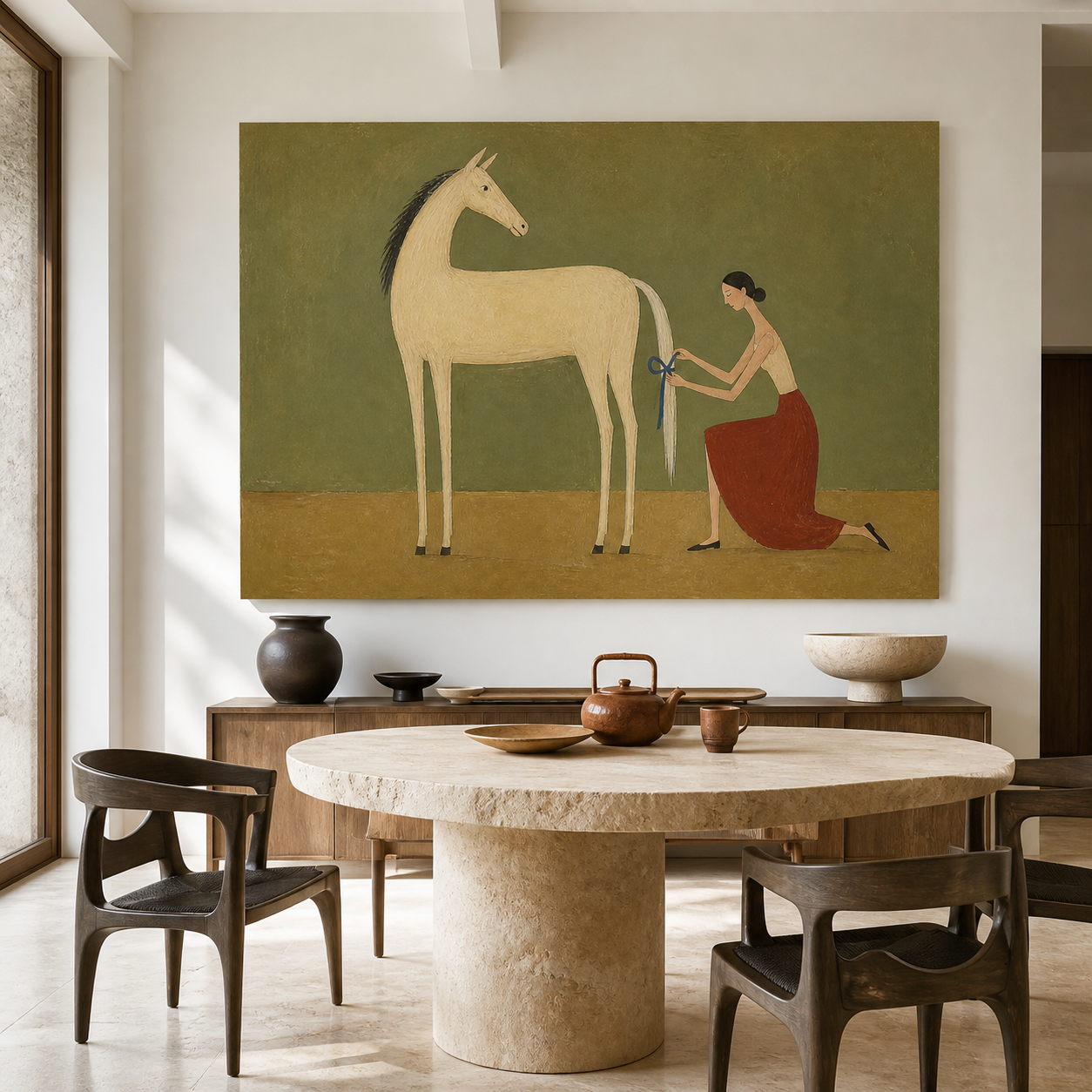 Large white horse wall art with female figure