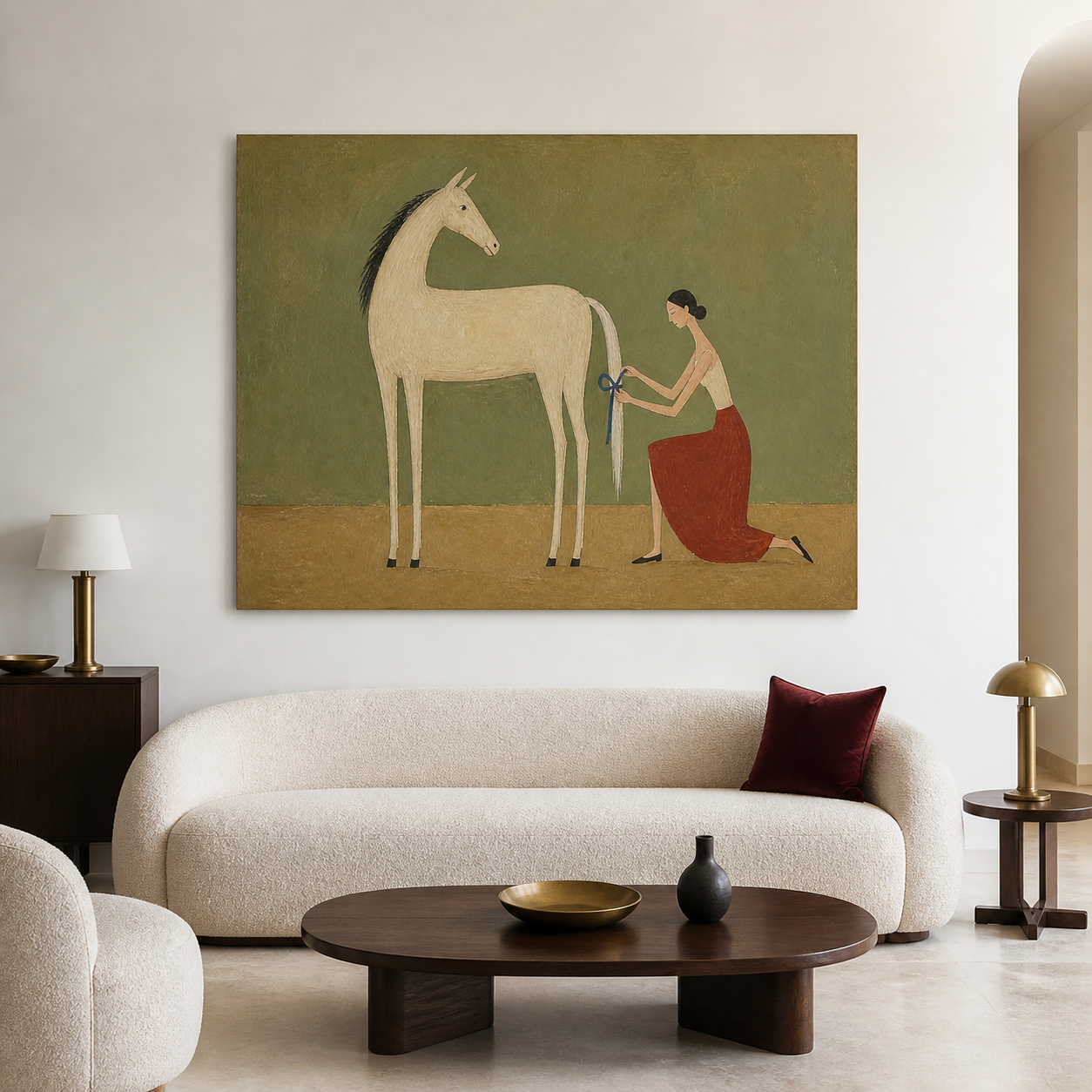 Hand-painted equestrian wall art with woman and white horse