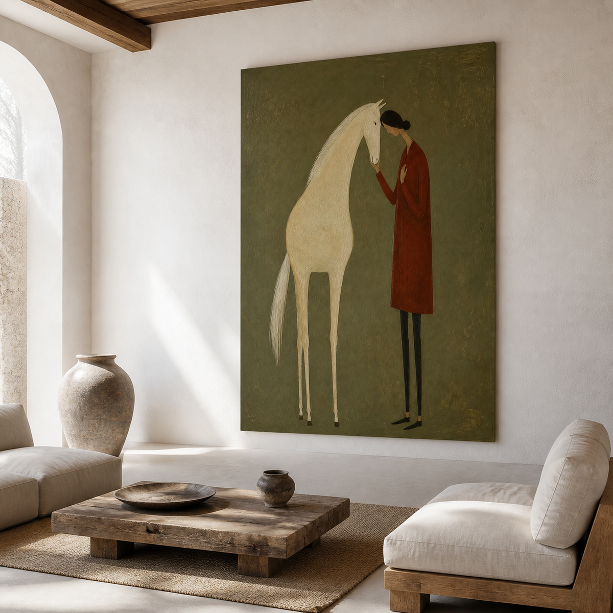 Woman and horse painting on olive green background