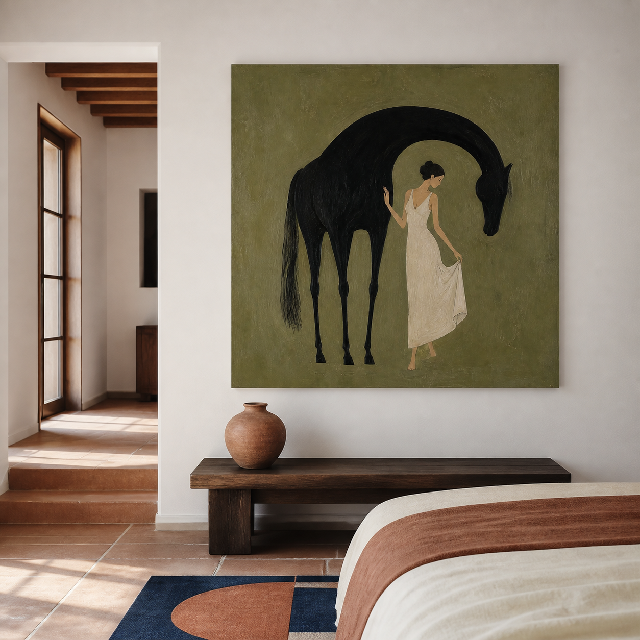 Woman and horse wall art in black ivory and olive tones
