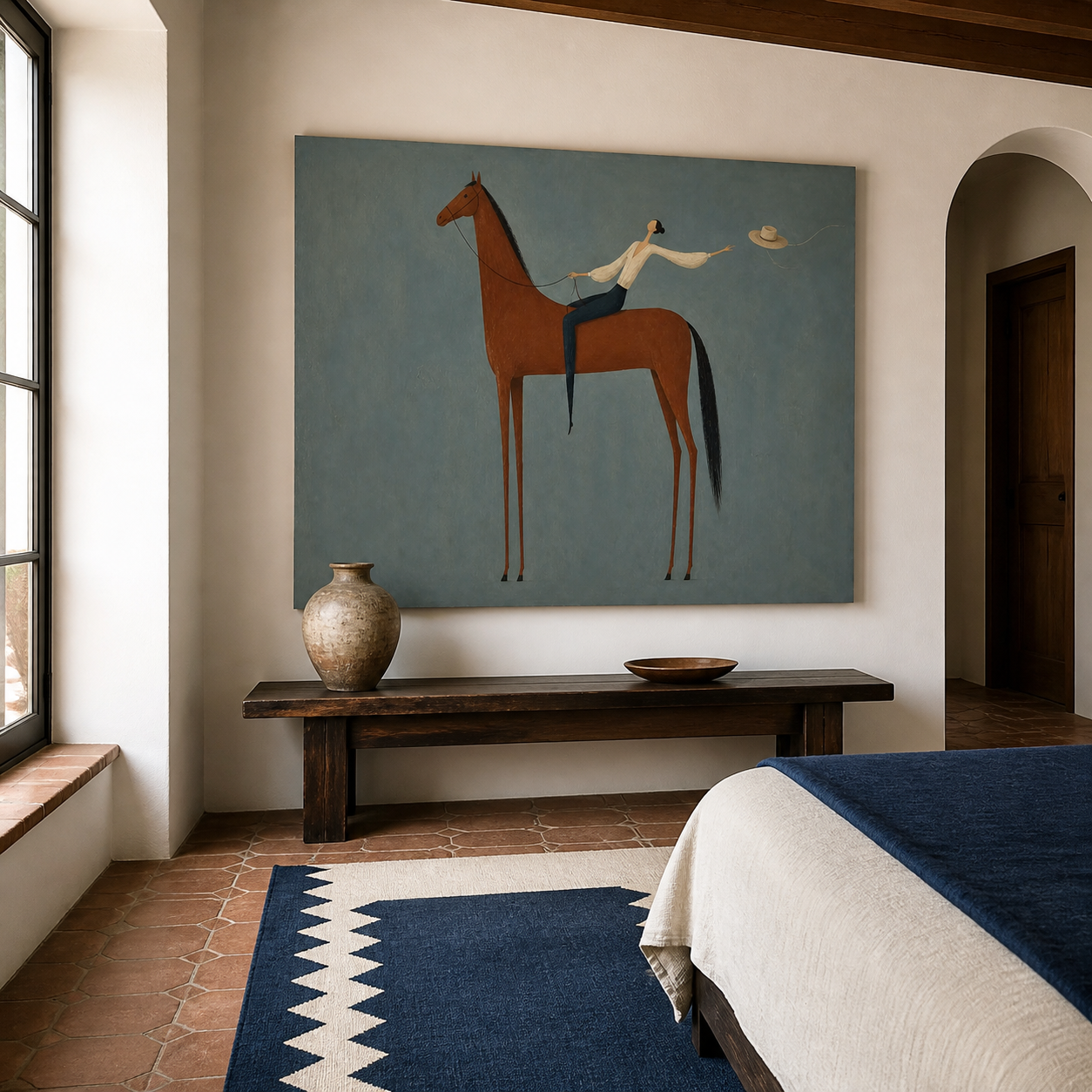 Hand-painted horse wall art in muted blue and brown tones