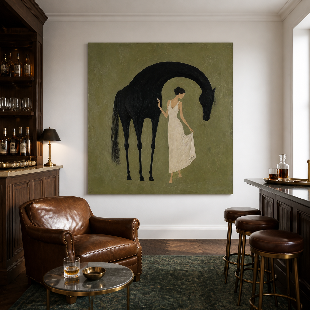 Woman in white dress beside black horse oil painting