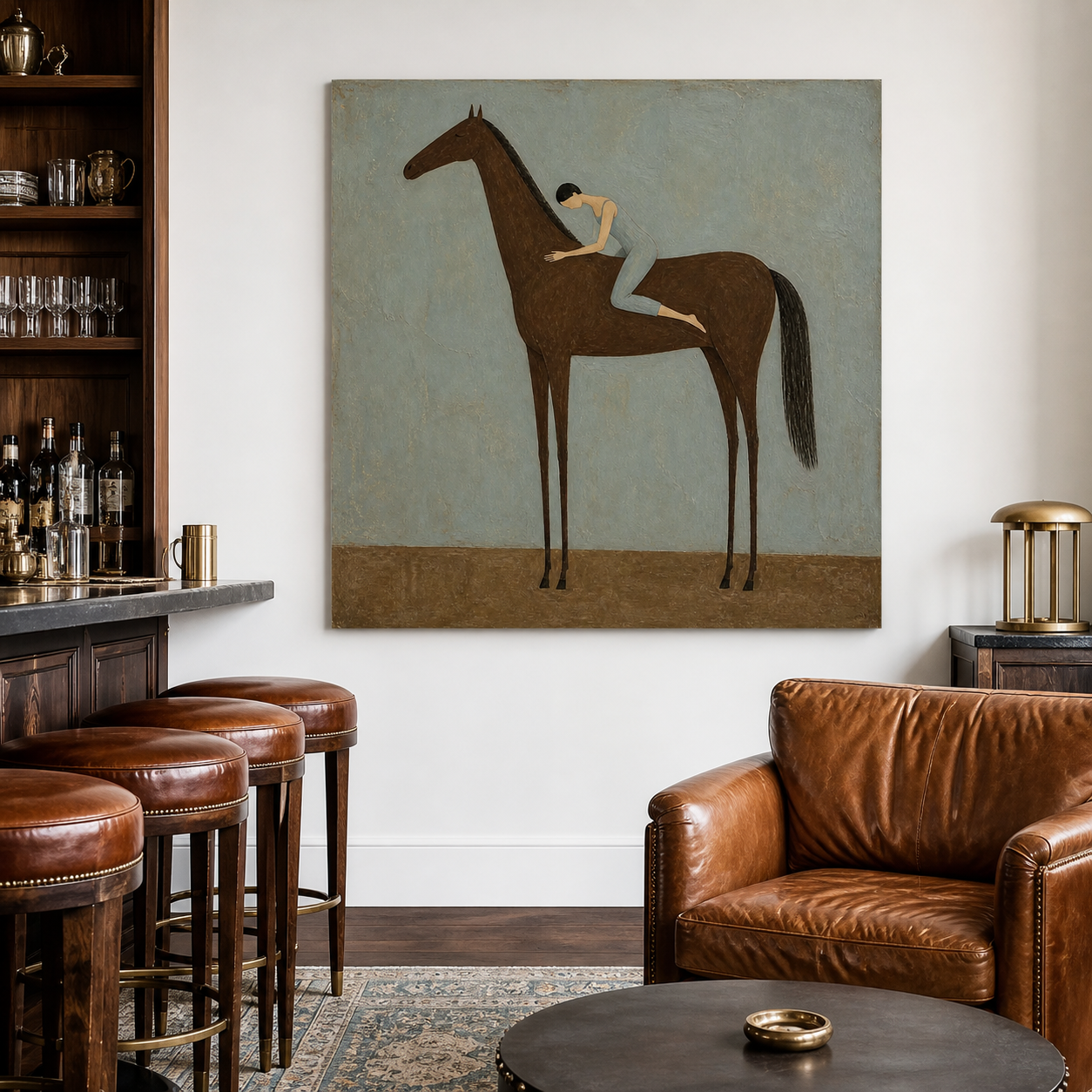 Woman leaning over brown horse oil painting