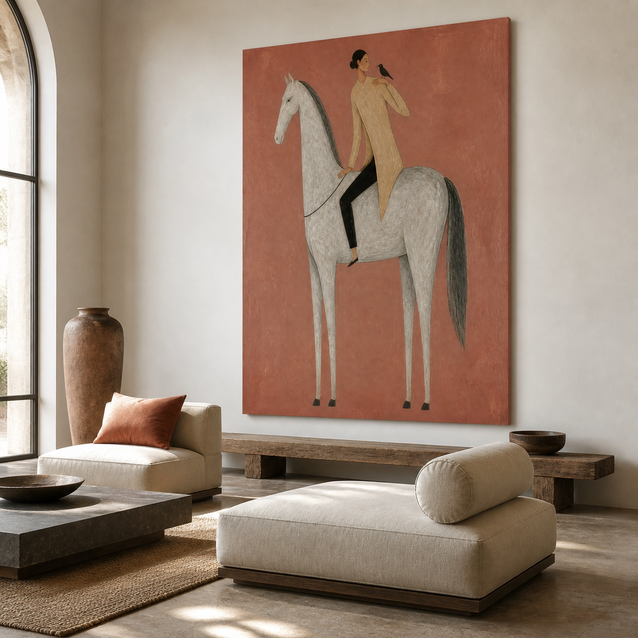 Equestrian oil painting featuring woman horse and bird