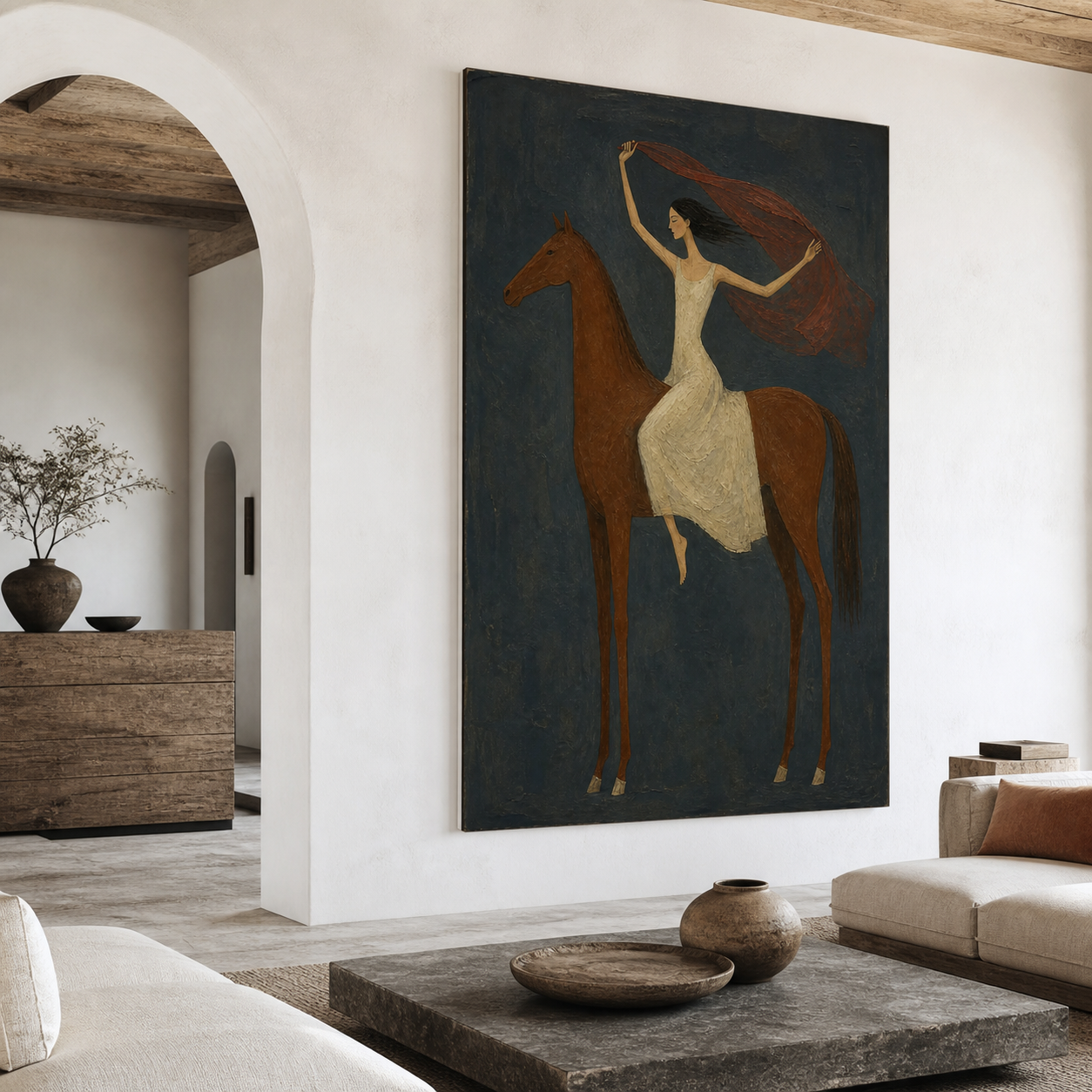 Woman riding brown horse with flowing red scarf oil painting