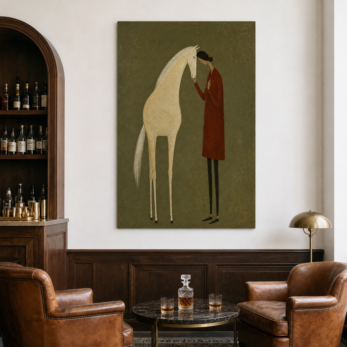 Woman touching forehead with white horse oil painting
