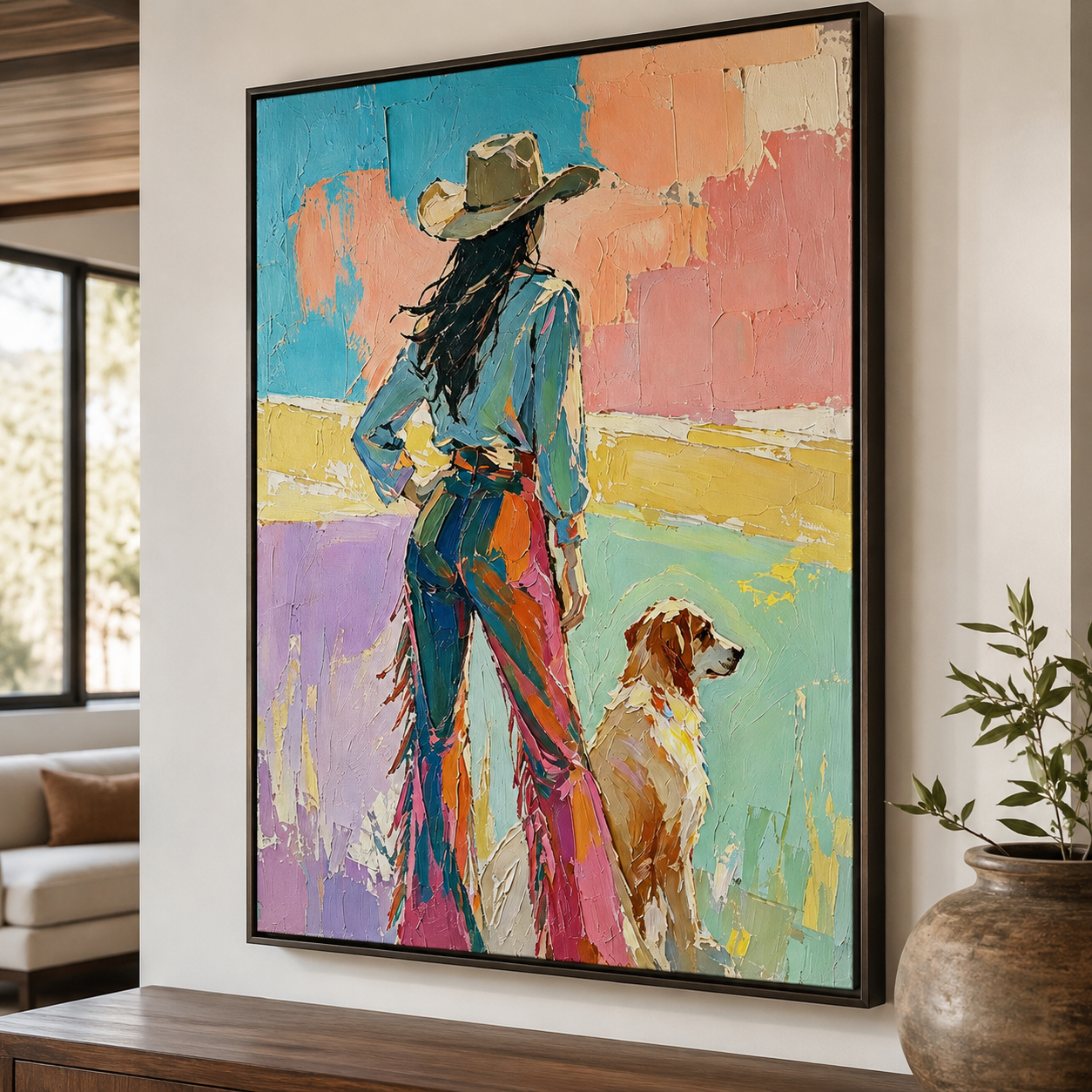 Modern Southwestern wall art with Western woman and dog