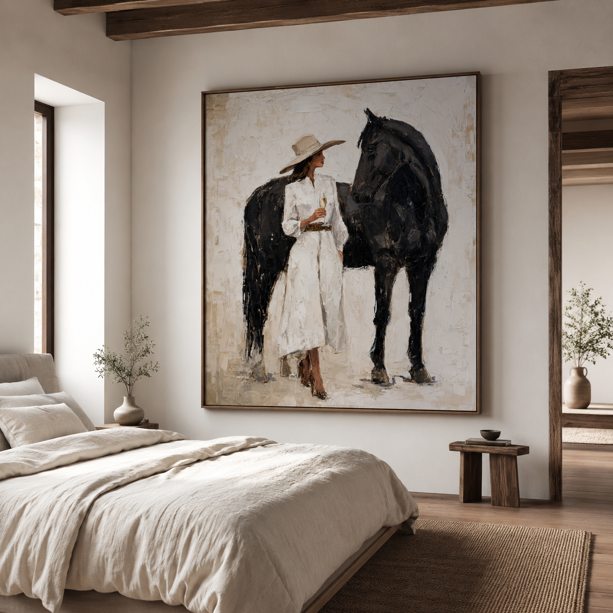 Woman with black horse contemporary painting