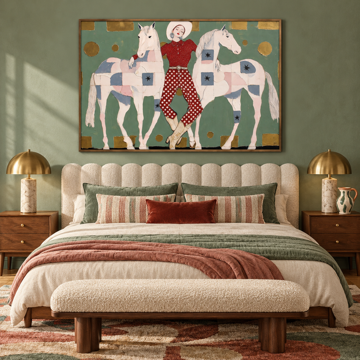 A woman in a red dotted outfit and white hat stands between two pale horses on a muted green field, with simple gold shapes around them, in a bedroom.