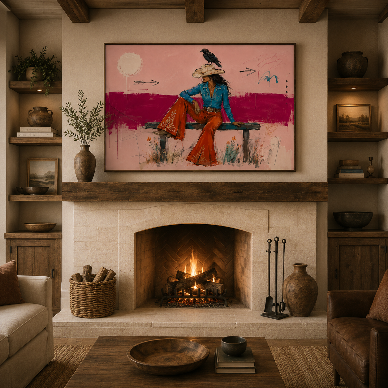 Hand-painted modern cowgirl wall art featuring a stylish Western woman with a crow on her cowboy hat, colorful textured oil painting for boho western and contemporary home decor.