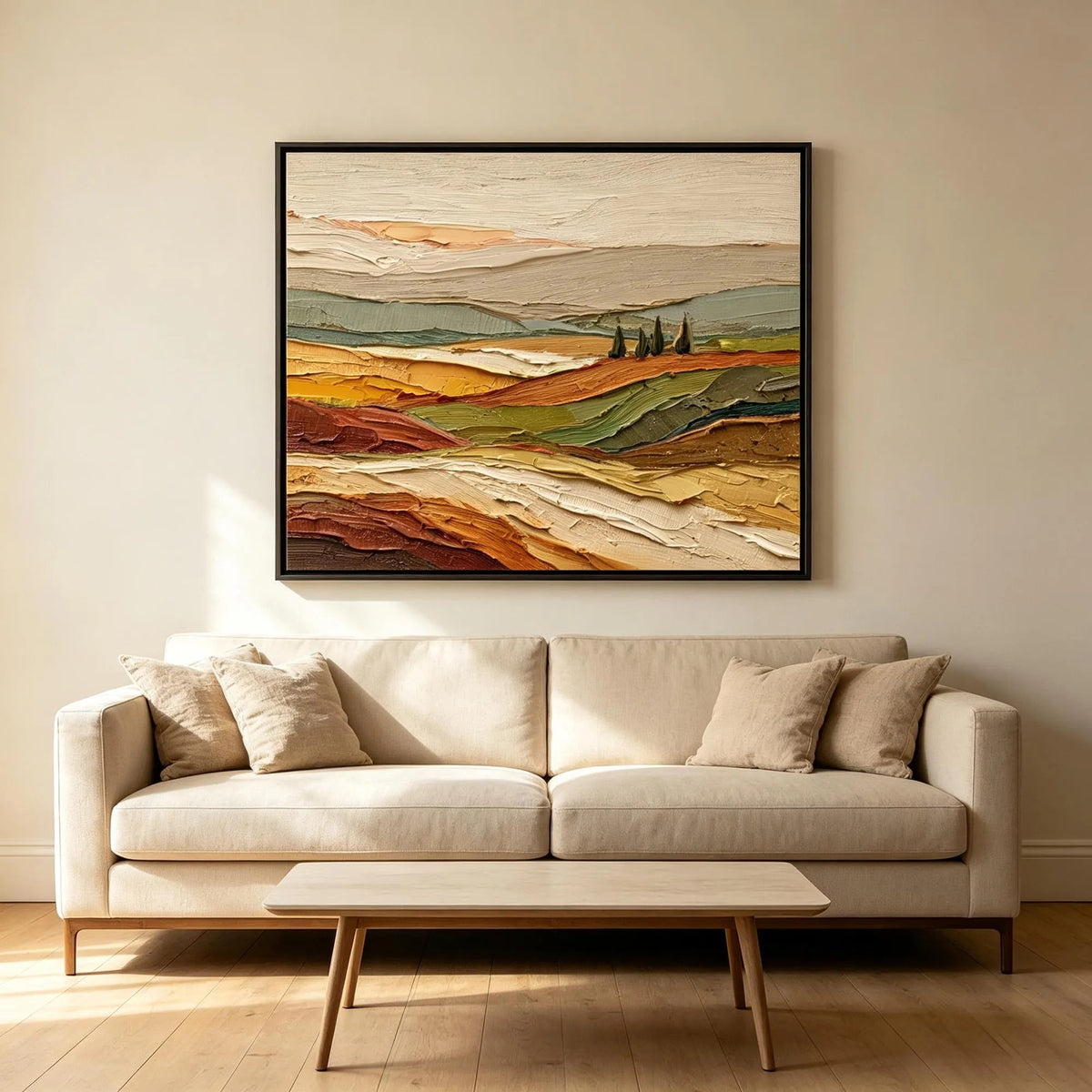 Rolling fields in ochre, rust and muted green with a small cluster of dark trees beneath a pale sky, shown in room setting 2.