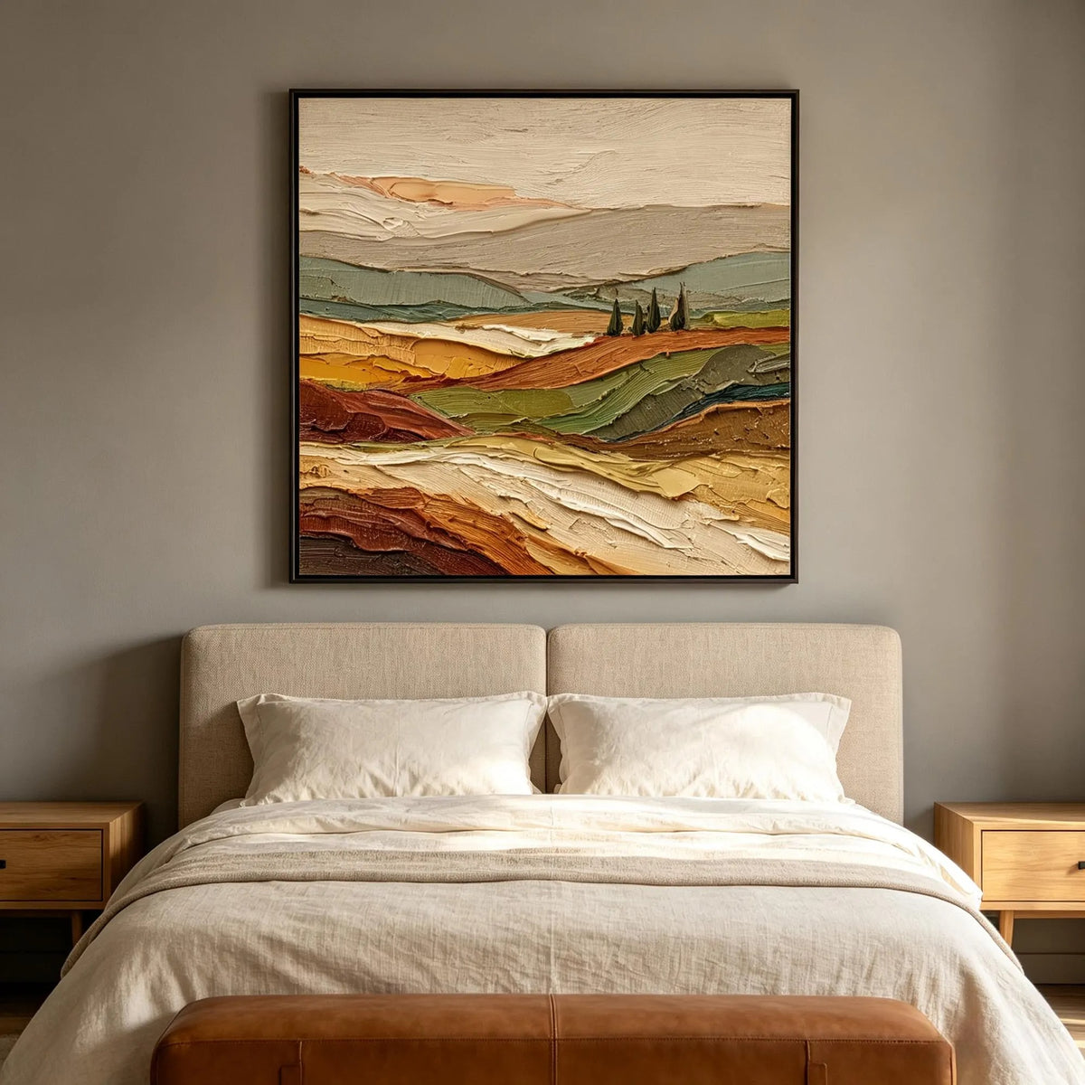 Rolling fields in ochre, rust and muted green with a small cluster of dark trees beneath a pale sky, shown in room setting 4.