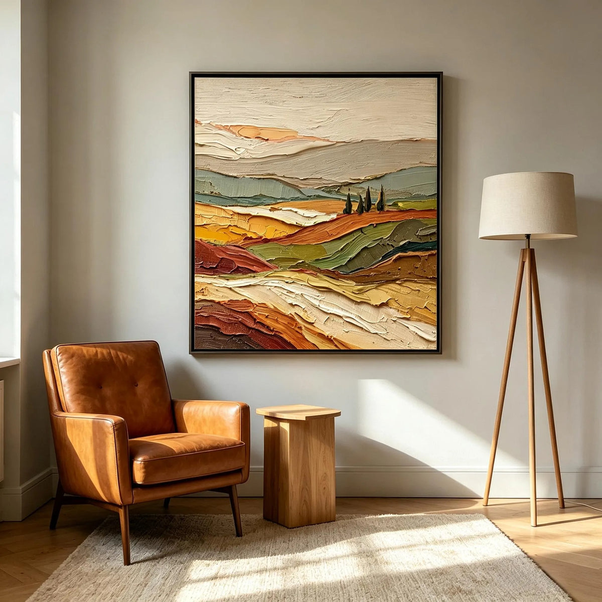 Rolling fields in ochre, rust and muted green with a small cluster of dark trees beneath a pale sky, shown in room setting 5.