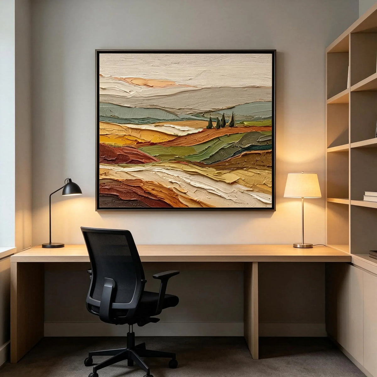 Rolling fields in ochre, rust and muted green with a small cluster of dark trees beneath a pale sky, shown in room setting 6.