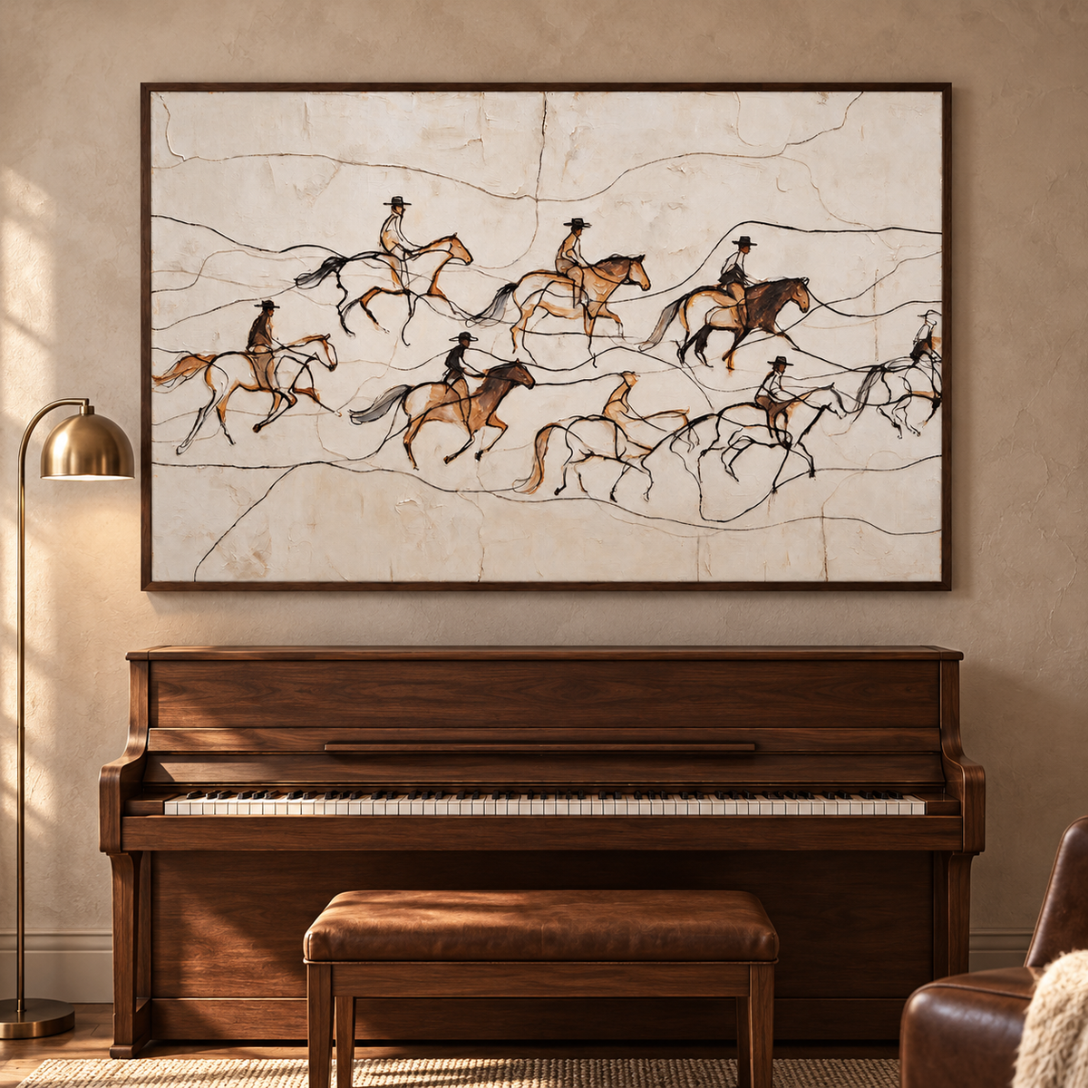 A wide, light drawing of several cowboys on horseback crossing an open field, using fine black lines and small brown accents on an ivory background., above a piano.