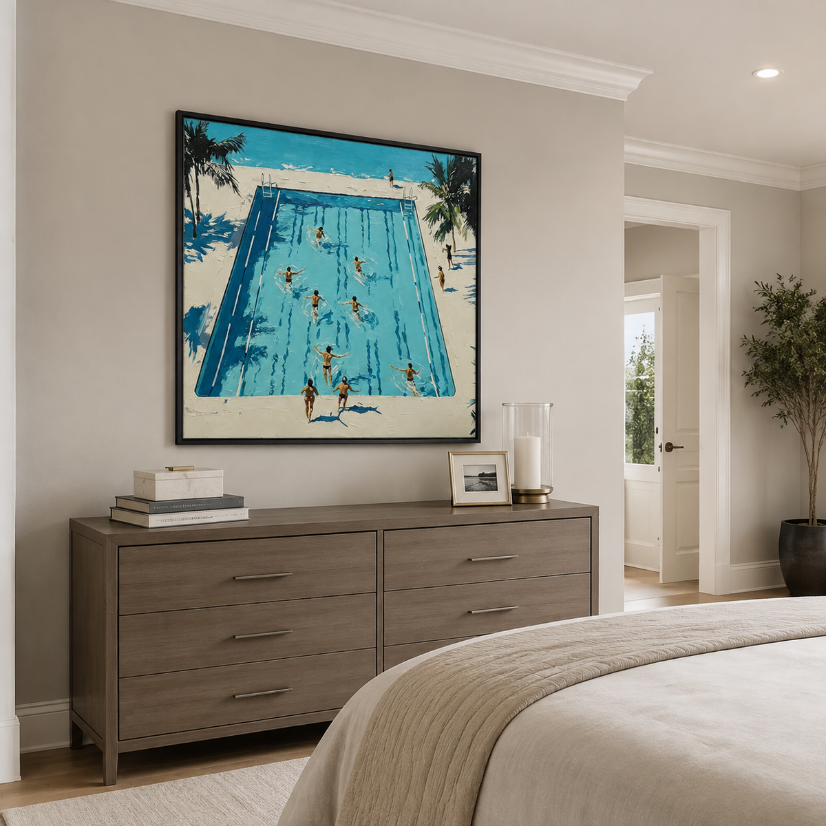 Swimmers in a bright blue pool bordered by a cream deck and palm trees, shown from an angle in a bedroom.