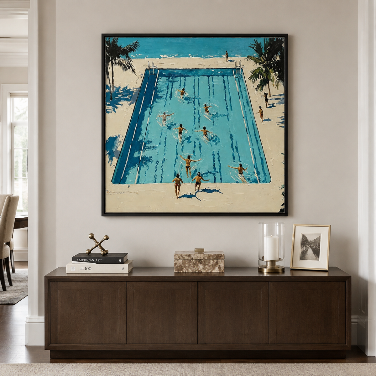 Swimmers in a bright blue pool bordered by a cream deck and palm trees, in a dining room.