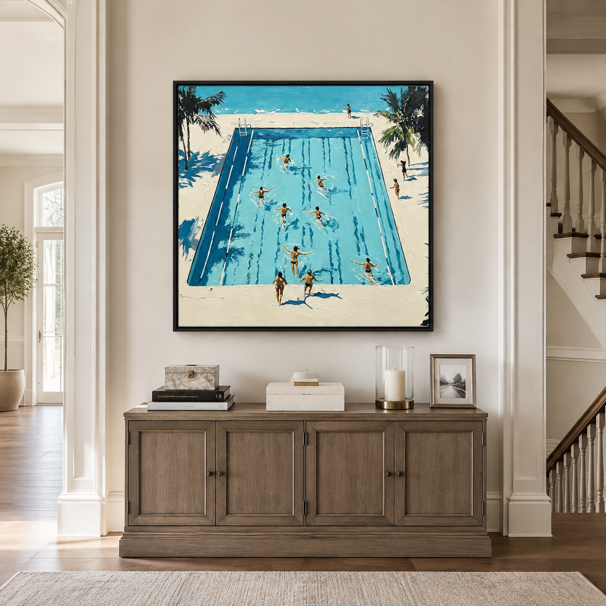 Swimmers in a bright blue pool bordered by a cream deck and palm trees, in an entryway.