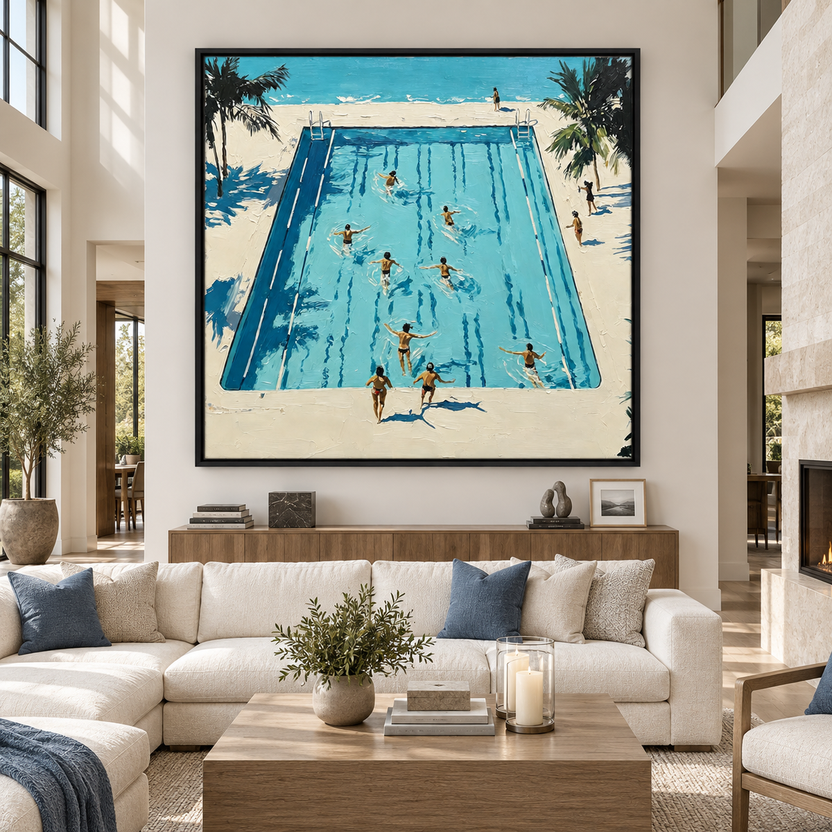 Swimmers in a bright blue pool bordered by a cream deck and palm trees, in a large living room.