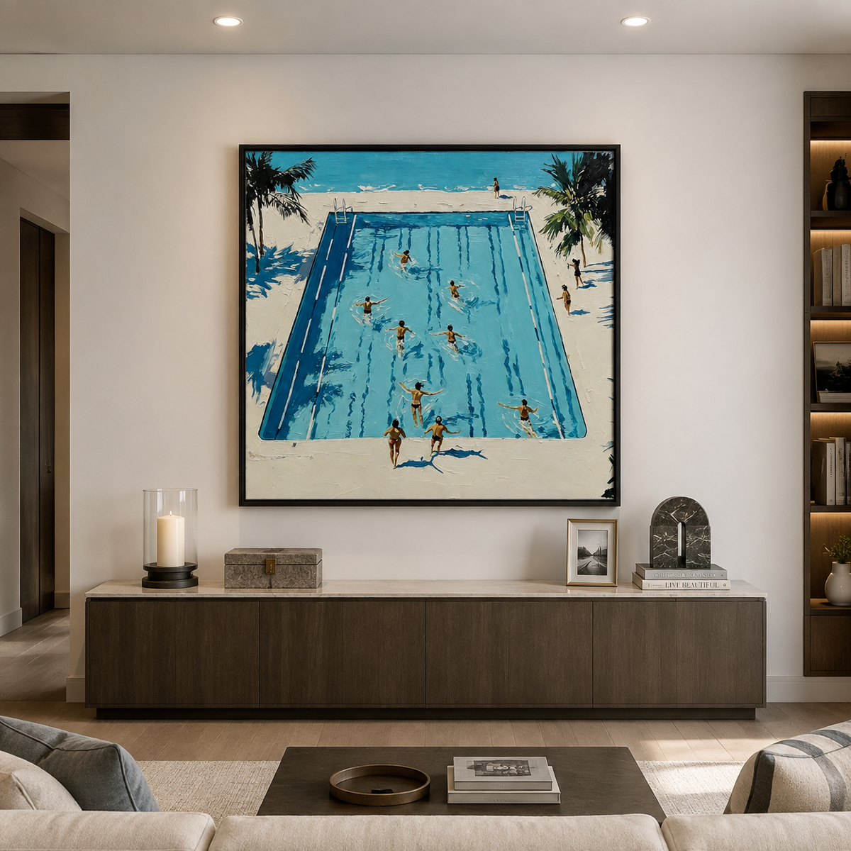 Swimmers in a bright blue pool bordered by a cream deck and palm trees, in a living room.