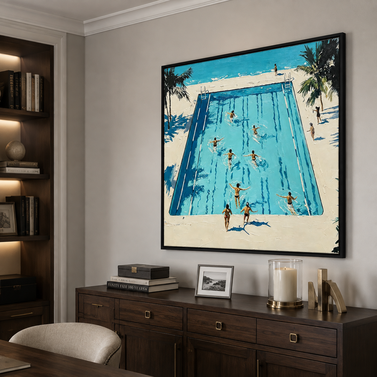 Swimmers in a bright blue pool bordered by a cream deck and palm trees, shown from an angle in a study.