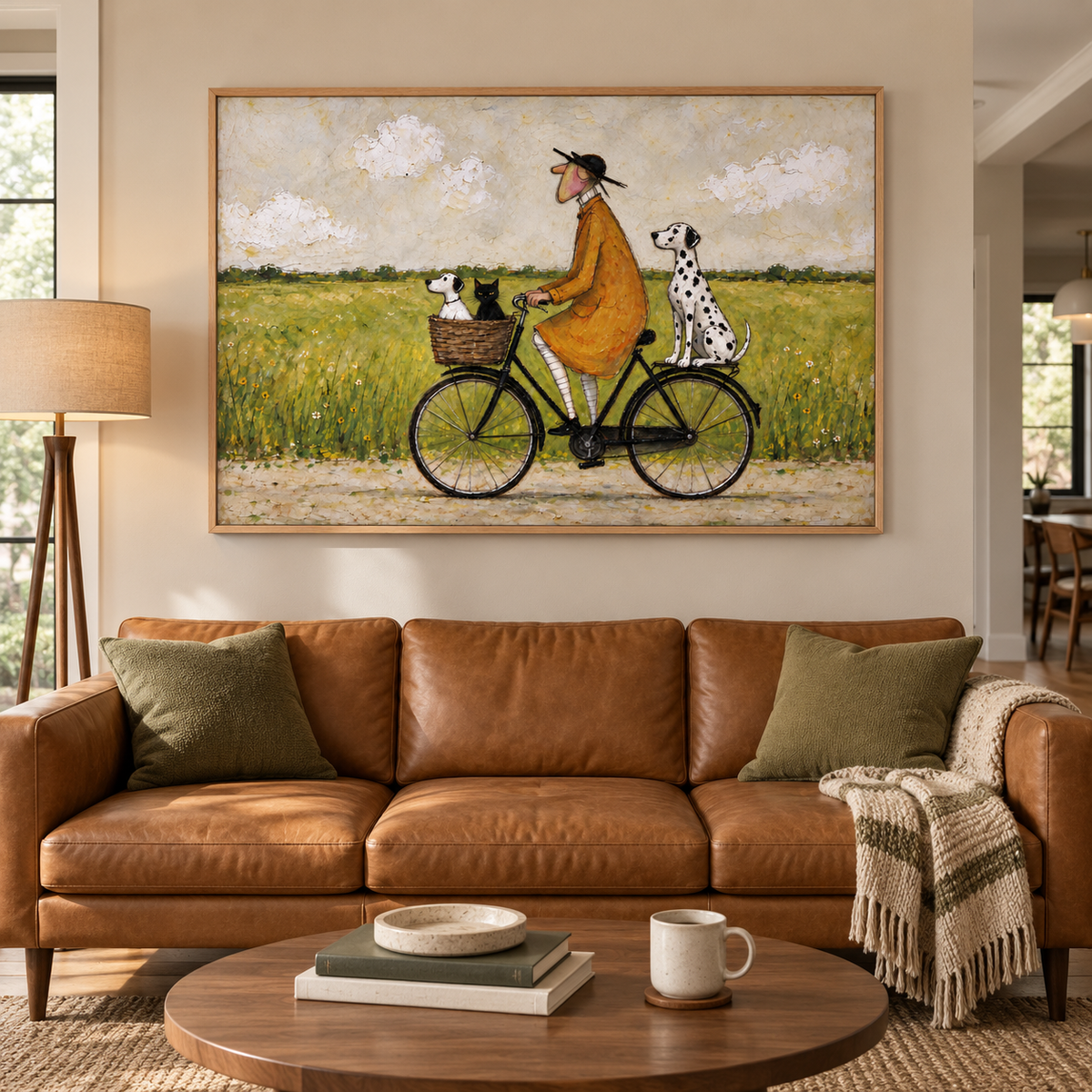 A man in an ochre coat riding a black bicycle with a small white dog and black cat in the front basket and a Dalmatian sitting over the rear wheel beside a green meadow, shown in room setting 1.
