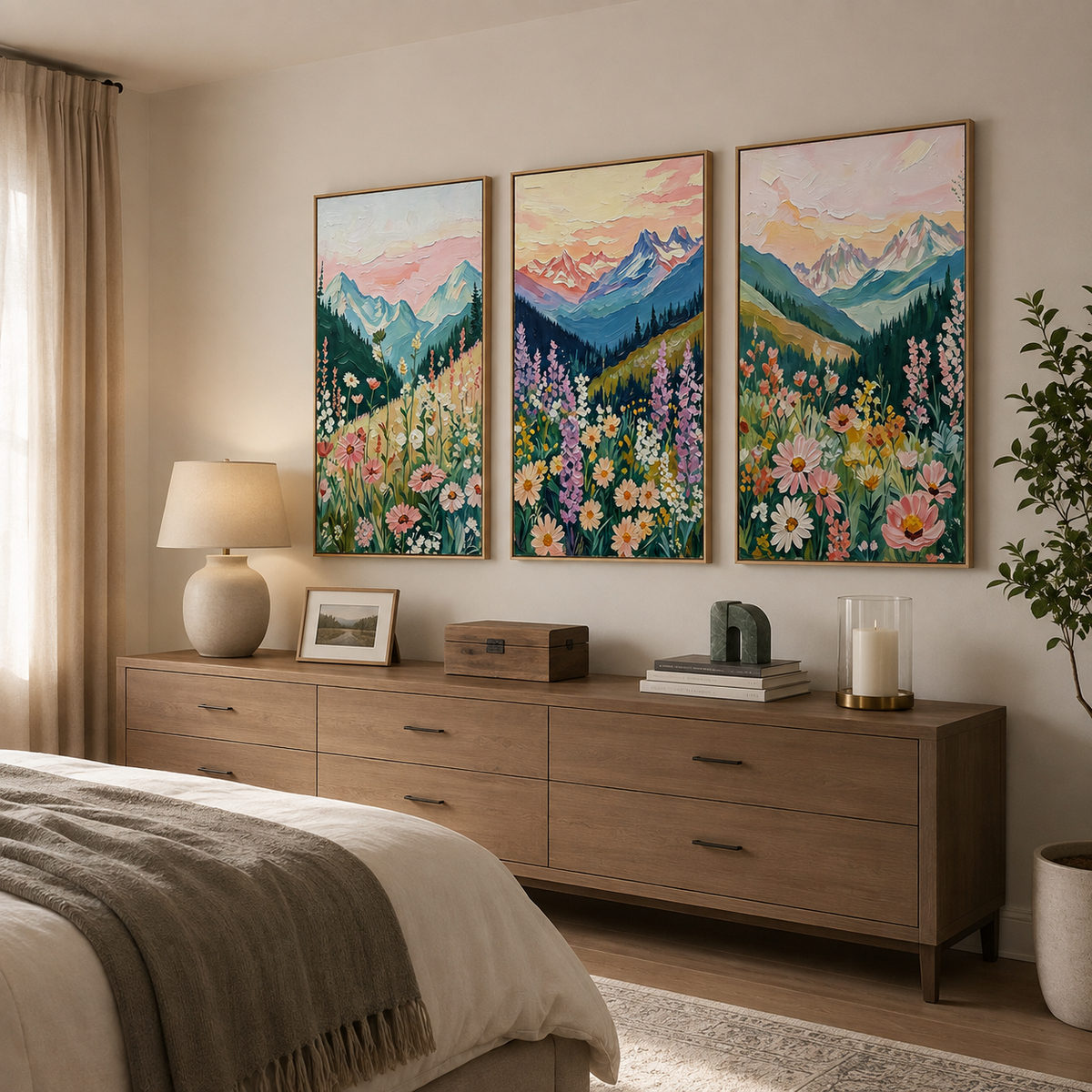 Blue mountain peaks, dark evergreen slopes, and colorful wildflowers across three panels, shown from an angle in a bedroom.