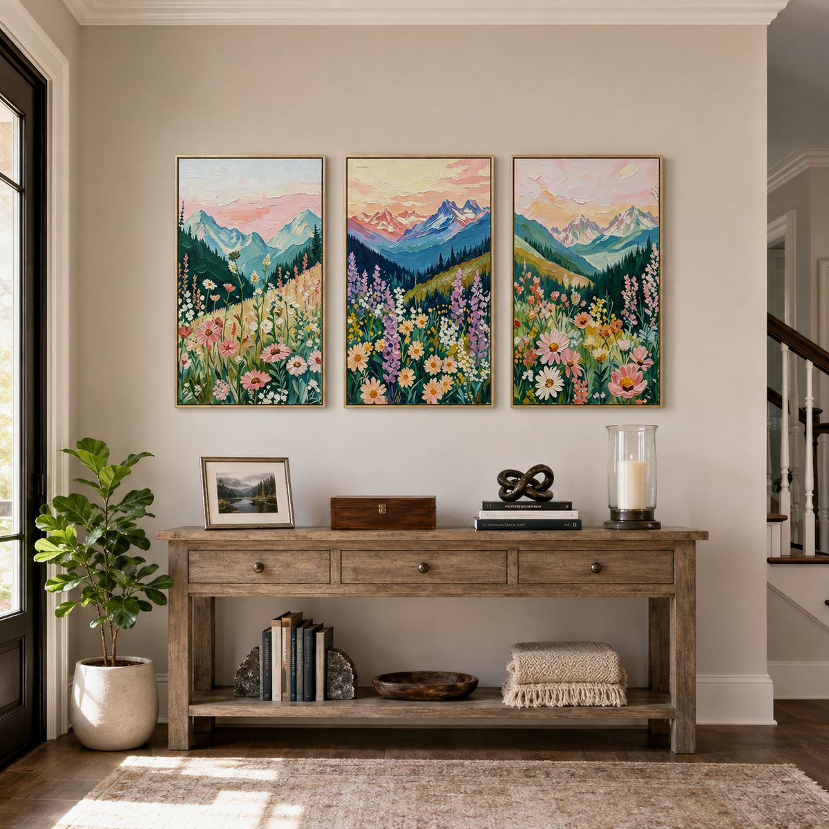Blue mountain peaks, dark evergreen slopes, and colorful wildflowers across three panels, in an entryway.