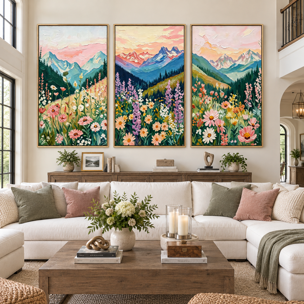 Blue mountain peaks, dark evergreen slopes, and colorful wildflowers across three panels, in a large living room.