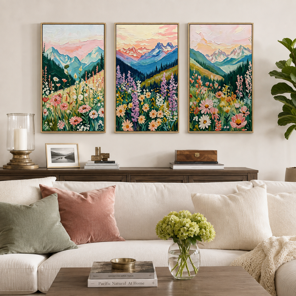 Blue mountain peaks, dark evergreen slopes, and colorful wildflowers across three panels, in a living room.