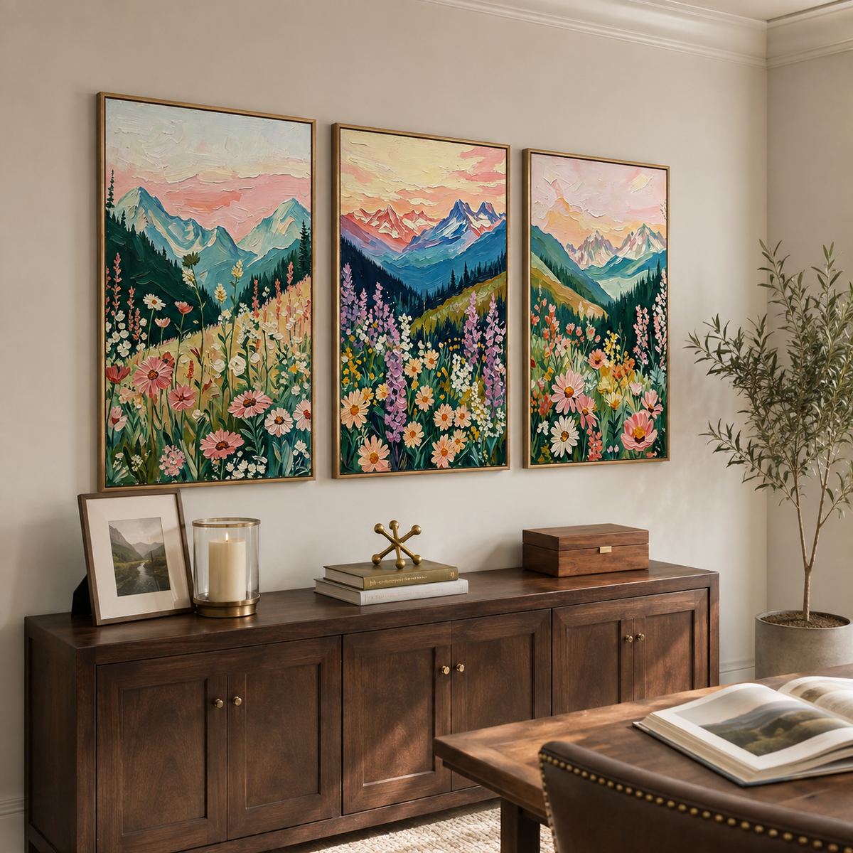 Blue mountain peaks, dark evergreen slopes, and colorful wildflowers across three panels, shown from an angle in a study.