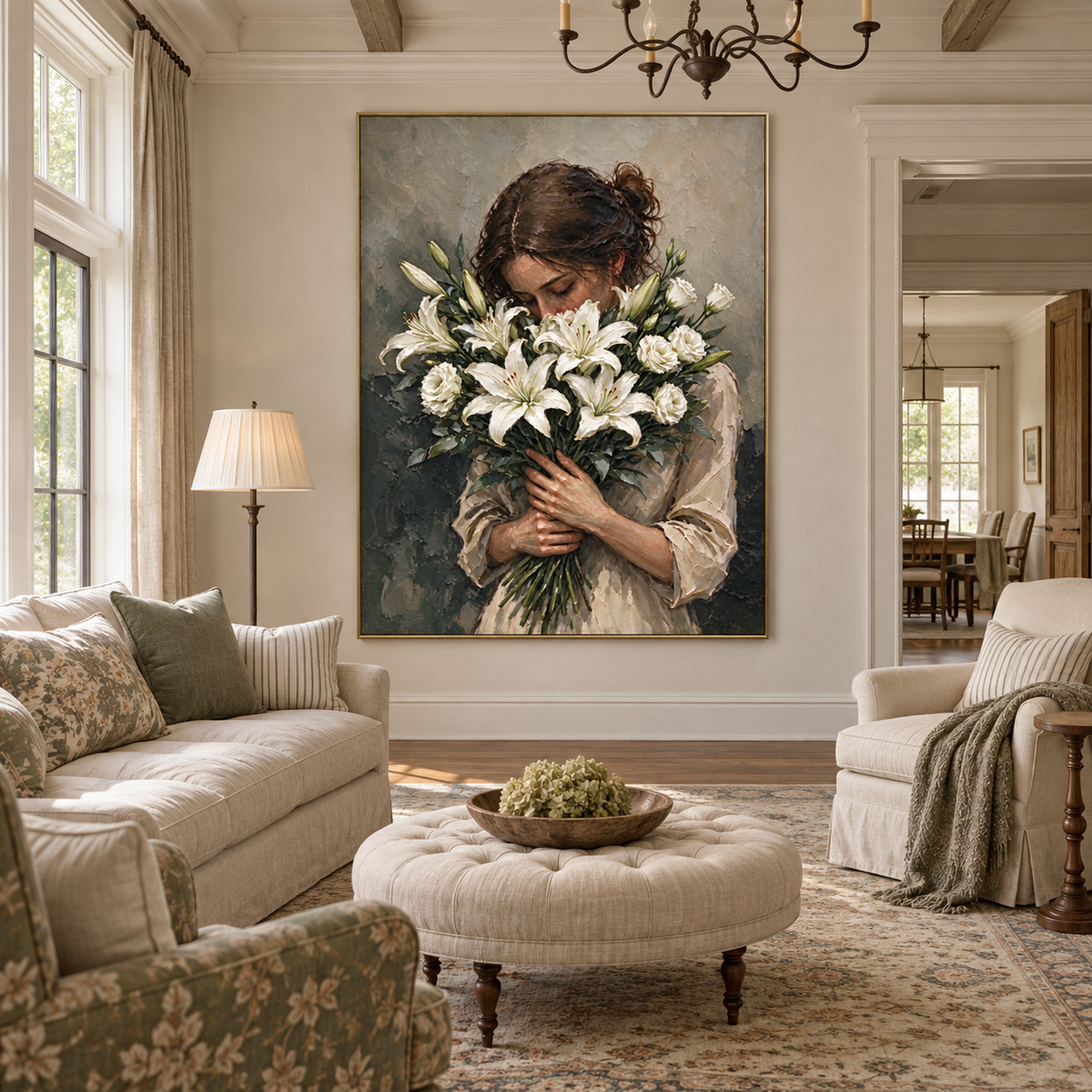 A woman looking down into a bouquet of white lilies and pale flowers against a muted gray background, shown in a french country living room.
