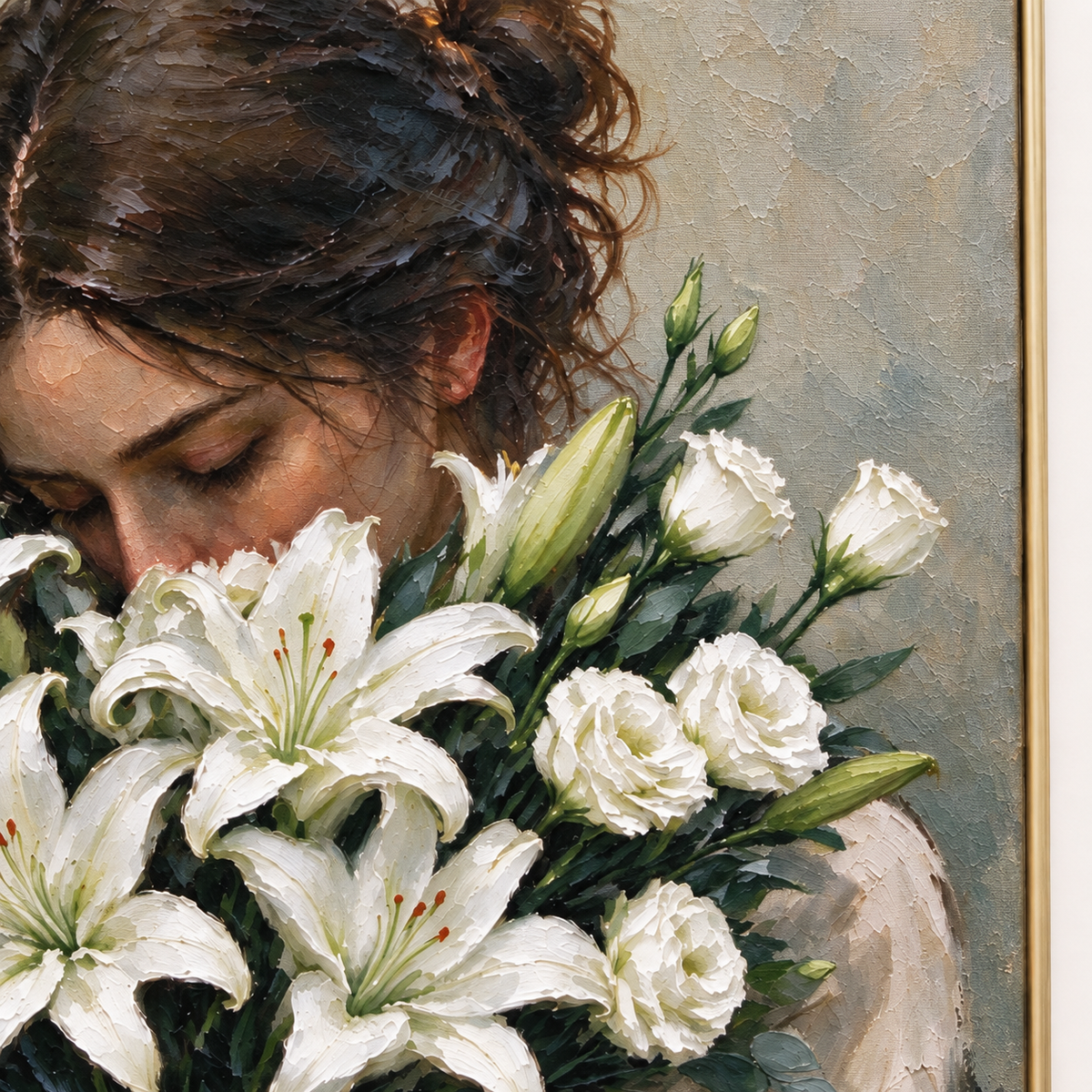 A woman looking down into a bouquet of white lilies and pale flowers against a muted gray background, close-up of the painted details.