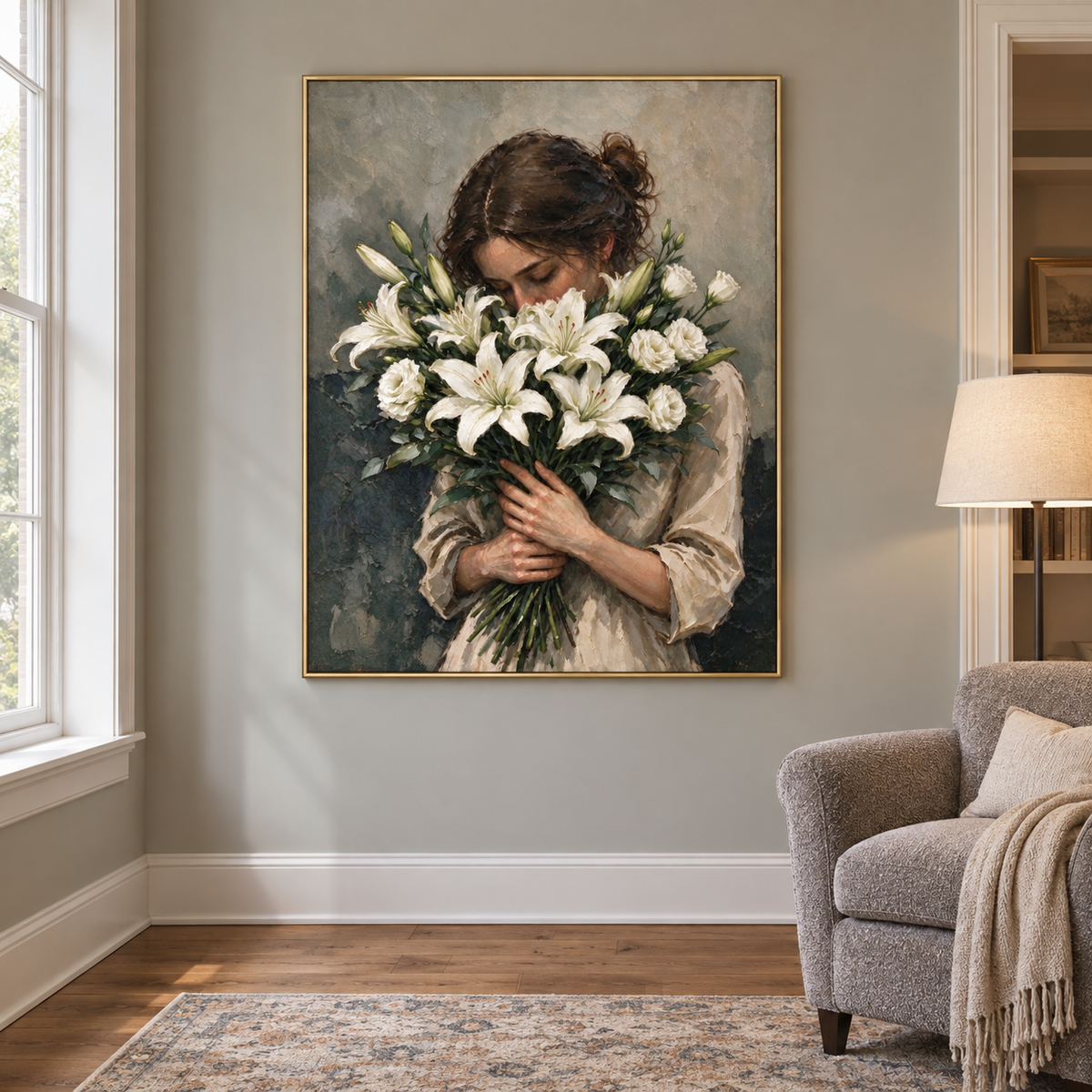 A woman looking down into a bouquet of white lilies and pale flowers against a muted gray background, shown in a reading corner.