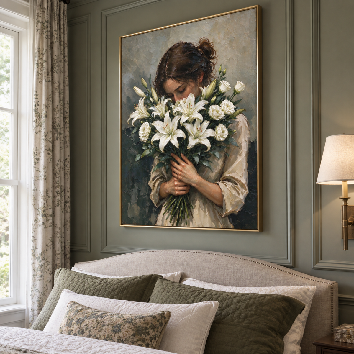 A woman looking down into a bouquet of white lilies and pale flowers against a muted gray background, shown from an angle in the room.