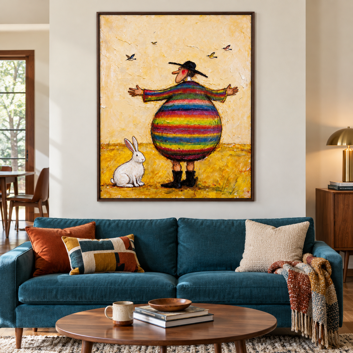 A round man in a rainbow-striped coat and black hat standing with arms spread beside a white rabbit while four small birds fly above a yellow field, shown in room setting 1.