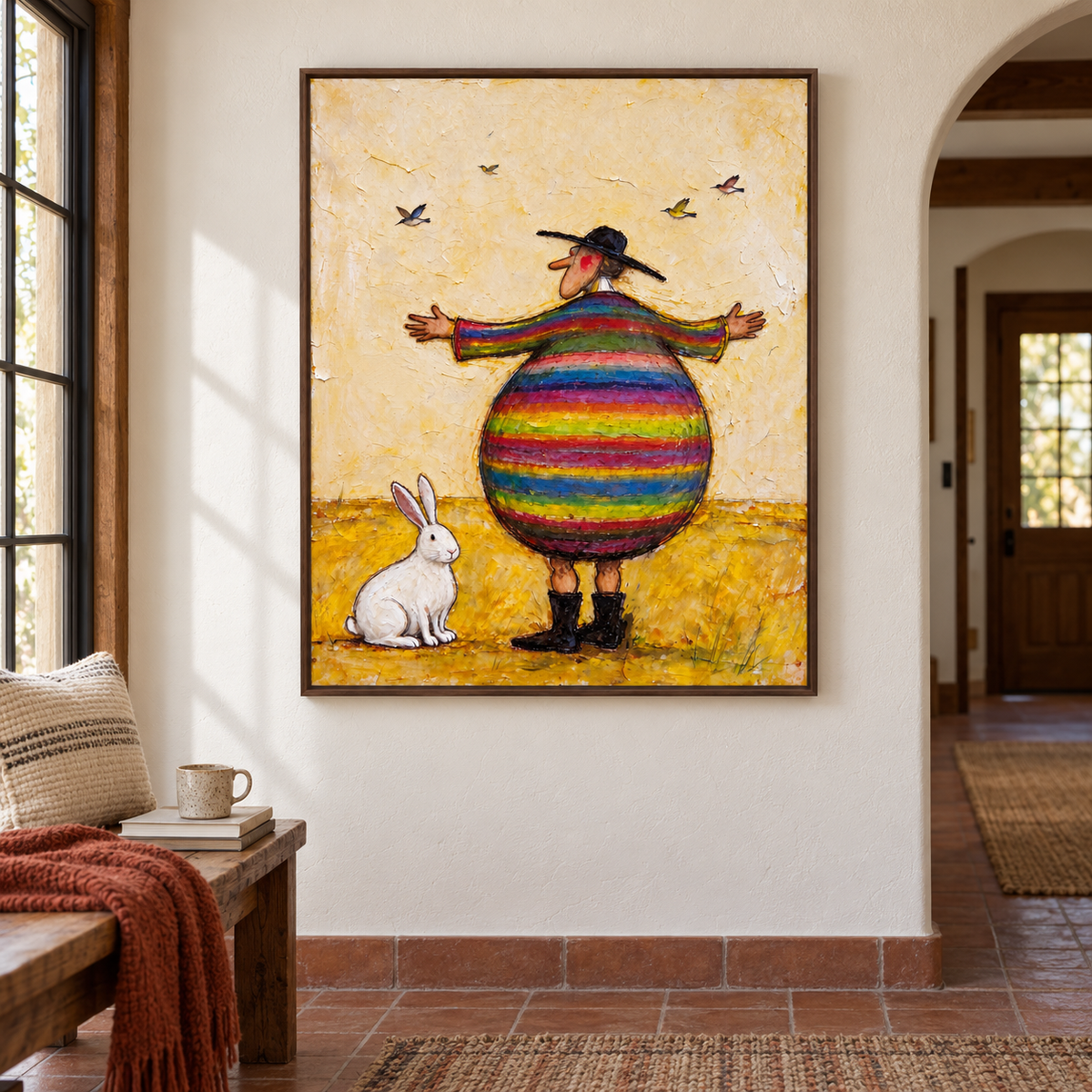A round man in a rainbow-striped coat and black hat standing with arms spread beside a white rabbit while four small birds fly above a yellow field, shown in room setting 3.