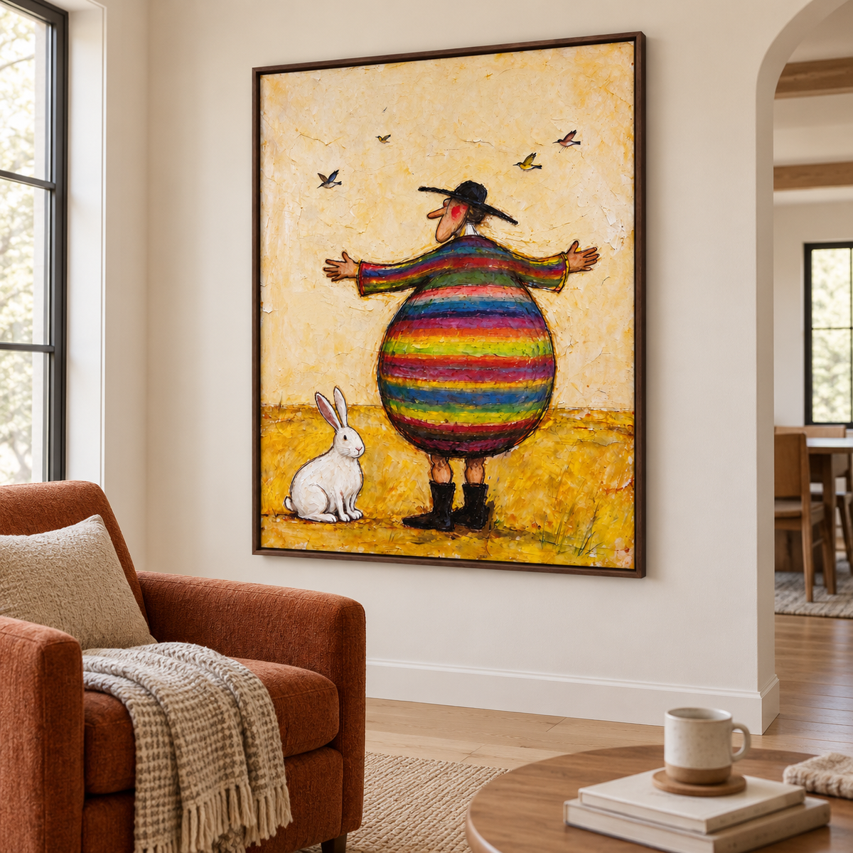 A round man in a rainbow-striped coat and black hat standing with arms spread beside a white rabbit while four small birds fly above a yellow field, shown in room setting 4.