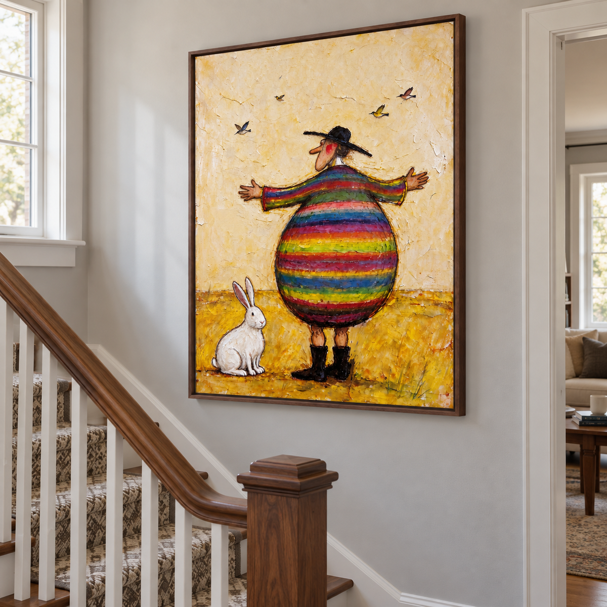 A round man in a rainbow-striped coat and black hat standing with arms spread beside a white rabbit while four small birds fly above a yellow field, shown in room setting 5.