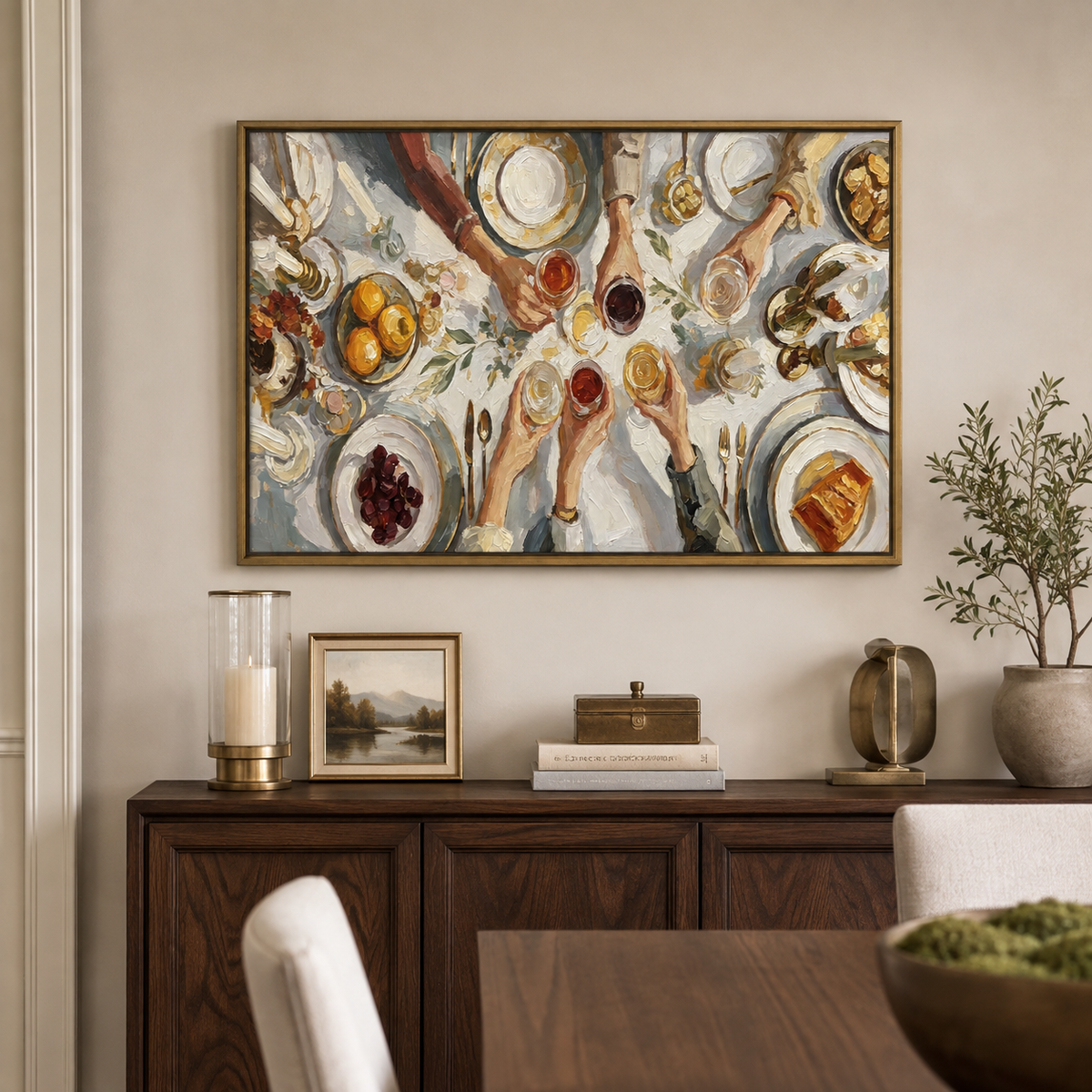 Hands raising glasses above a dinner table with plates, lemons, grapes, bread, and greenery, in a dining room.