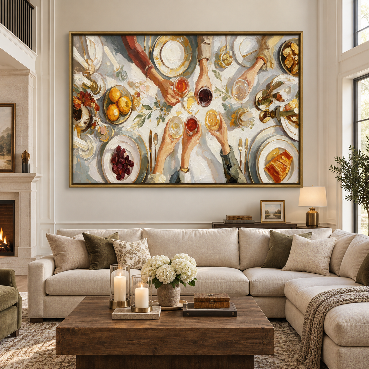 Hands raising glasses above a dinner table with plates, lemons, grapes, bread, and greenery, in a large living room.