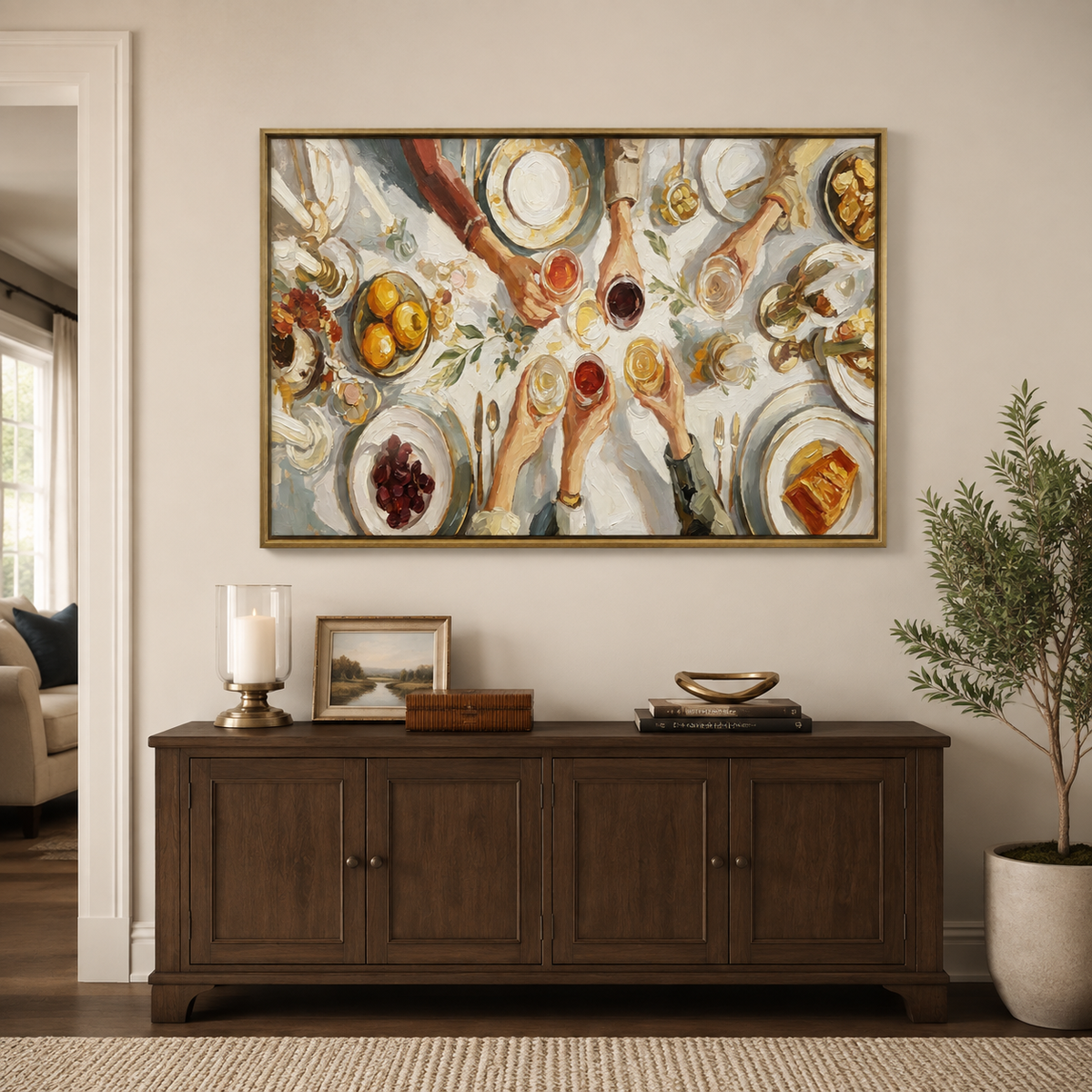 Hands raising glasses above a dinner table with plates, lemons, grapes, bread, and greenery, in a living room.