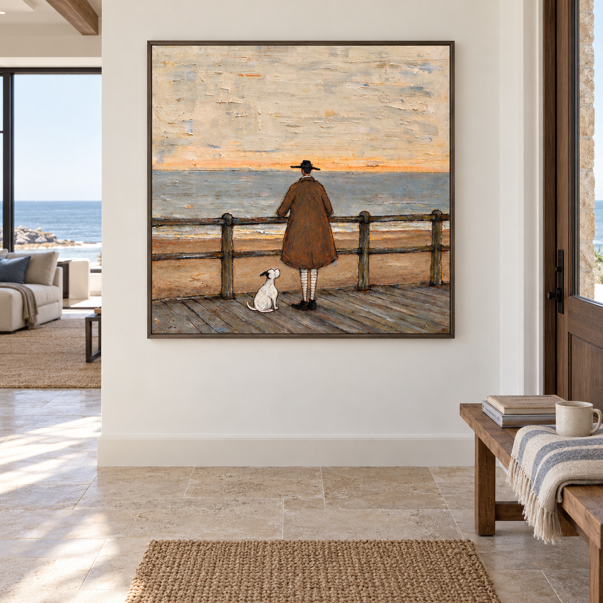 A man in a brown coat and black hat standing at a wooden boardwalk railing with a small white dog beside him overlooking a gray-blue sea beneath a pale sky, shown in room setting 3.