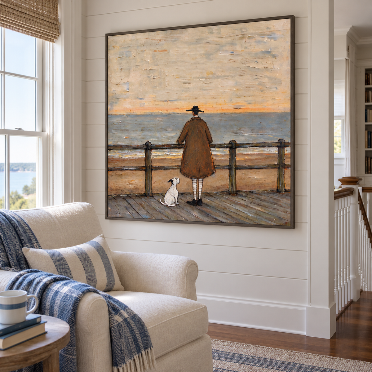 A man in a brown coat and black hat standing at a wooden boardwalk railing with a small white dog beside him overlooking a gray-blue sea beneath a pale sky, shown in room setting 4.